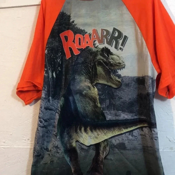 Dinosaur‎ T-Rex Hear Me Roar Graphic Orange Raglan Sleeve Tee Shirt - Picture 6 of 8
